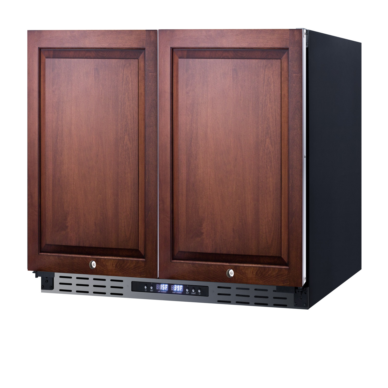 ADA compliant, commercially approved, frost-free, side-by-side refrigerator-freezer for built-in or freestanding use with two panel ready doors, black cabinet, and front-placed digital controls